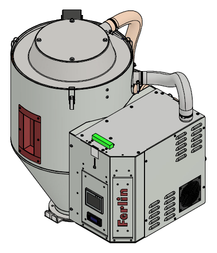 EasyDry FED 20/50 HT. Hava debisi 20 m³/h. Huni 50 L. Yüksek sıcaklık 50–170 °C. Şasi hariç.