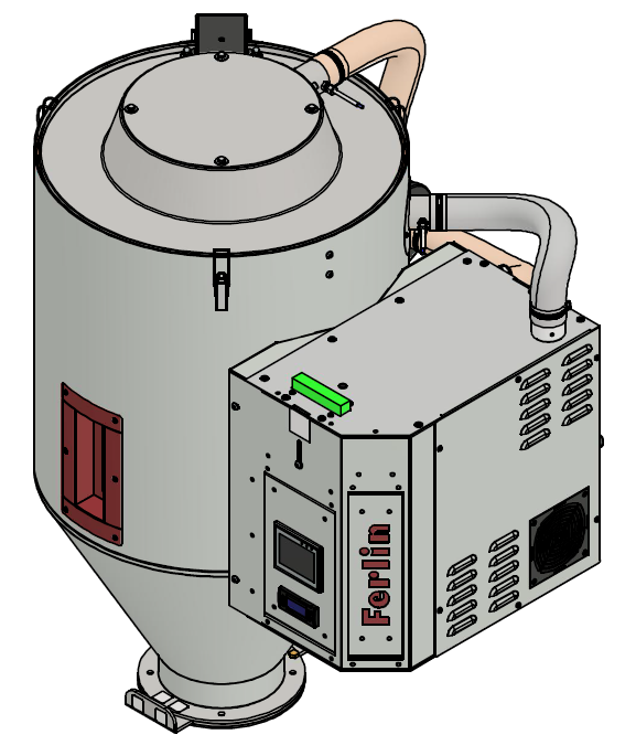 EasyDry FED 30/100 HT. Hava debisi 30 m³/h. Huni 100 L. Yüksek sıcaklık 50–170 °C. Şasi hariç.