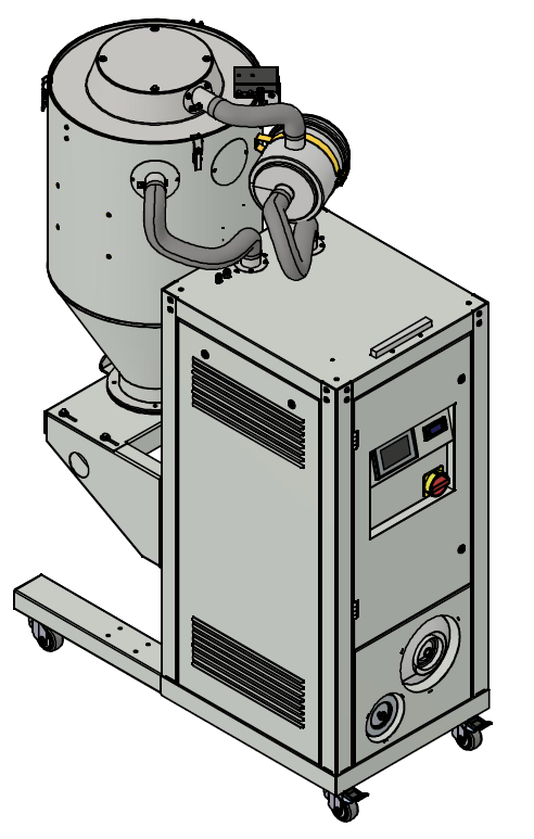 EasyDry FED 50/100 HT. Hava debisi 50 m³/h. Huni 100 L. Yüksek sıcaklık 50–170 °C. Şasi dahil + 1×50mm aspirasyon.